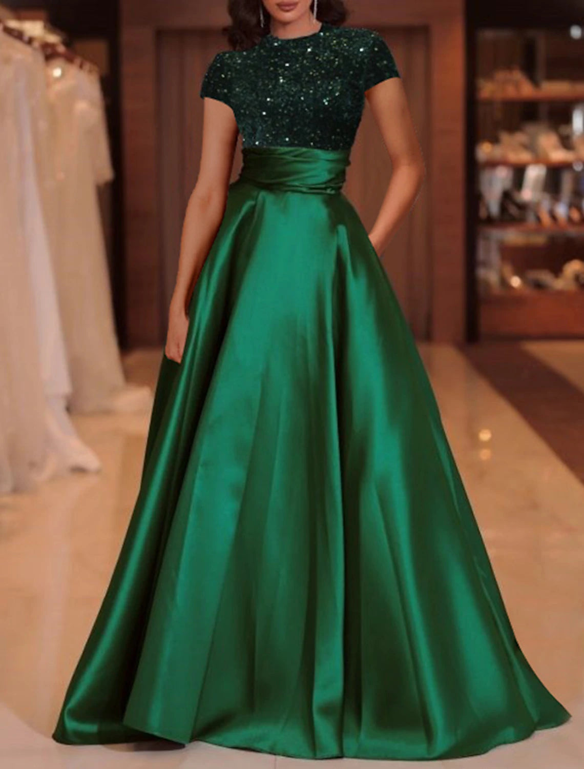 Gown Elegant Dress Floor Length Short Sleeve High Neck Satin with Sequin Evening Dress