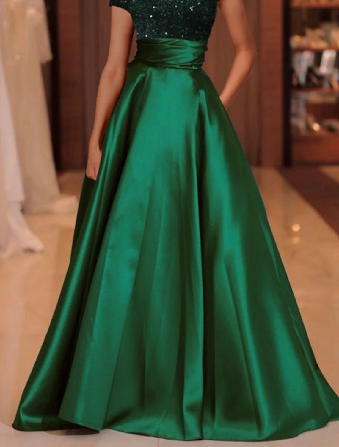 Gown Elegant Dress Floor Length Short Sleeve High Neck Satin with Sequin Evening Dress