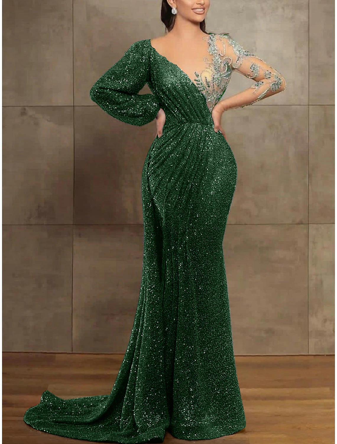 Sequin Mermaid  Gown Elegant Formal Dress Court Train Long Sleeve Illusion Neck Sequined with Pleats Evening Dress