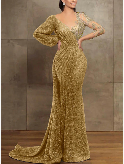 Sequin Mermaid  Gown Elegant Formal Dress Court Train Long Sleeve Illusion Neck Sequined with Pleats Evening Dress