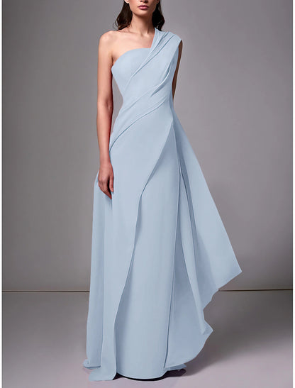 Gown Formal Wedding Guest Dress Elegant Formal Floor Length Sleeveless One Shoulder Stretch Chiffon with Ruched Evening Dress