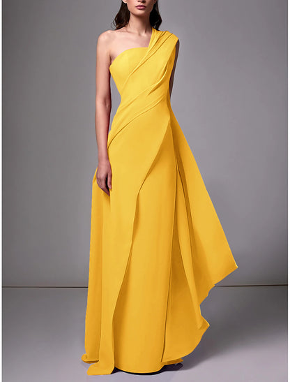 Gown Formal Wedding Guest Dress Elegant Formal Floor Length Sleeveless One Shoulder Stretch Chiffon with Ruched Evening Dress