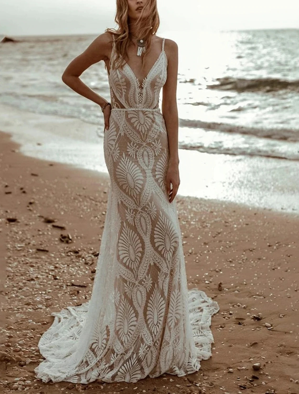 Beach Vintage Open Back Mermaid Camisole V Neck Sleeveless Brush Train Chiffon Bridal Gowns With Pleats Solid Wedding Dresses