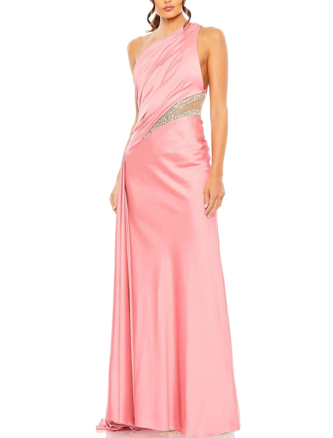 Gown Elegant Formal Floor Length Sleeveless One Shoulder Satin with Glitter Ruched Sequin Evening Dress