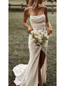 Beach Simple Column Square Spaghetti Strap Train Stretch Fabric Bridal Gowns With Ruched Split Front Wedding Dresses