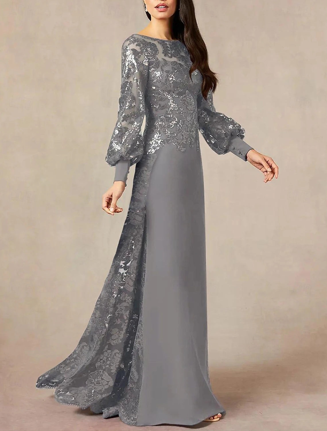 Formal Wedding Guest Elegant Jewel Neck Floor Length Chiffon Sequined Long Sleeve with Sequin Mother of the Bride Dress