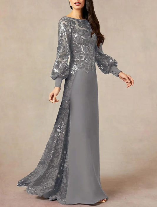 Formal Wedding Guest Elegant Jewel Neck Floor Length Chiffon Sequined Long Sleeve with Sequin Mother of the Bride Dress