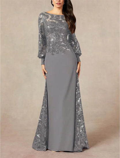 Formal Wedding Guest Elegant Jewel Neck Floor Length Chiffon Sequined Long Sleeve with Sequin Mother of the Bride Dress