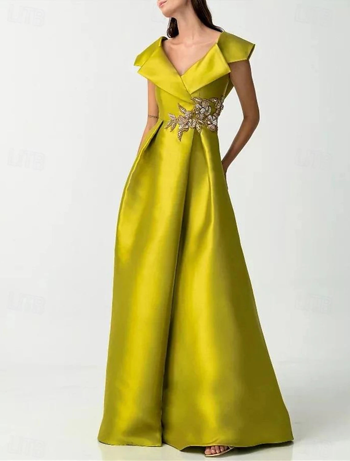 Gown Elegant Wedding Guest Floor Length Short Sleeve V Neck Pocket Satin with Rhinestone Evening Dress