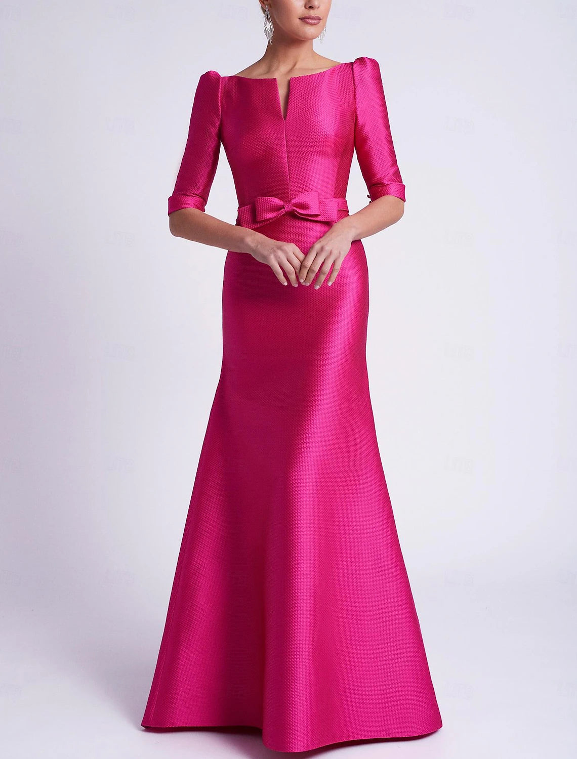 Wedding Guest Floor Length 3/4 Length Sleeve V Neck Satin with Bow(s) Evening Gown Elegant Dress