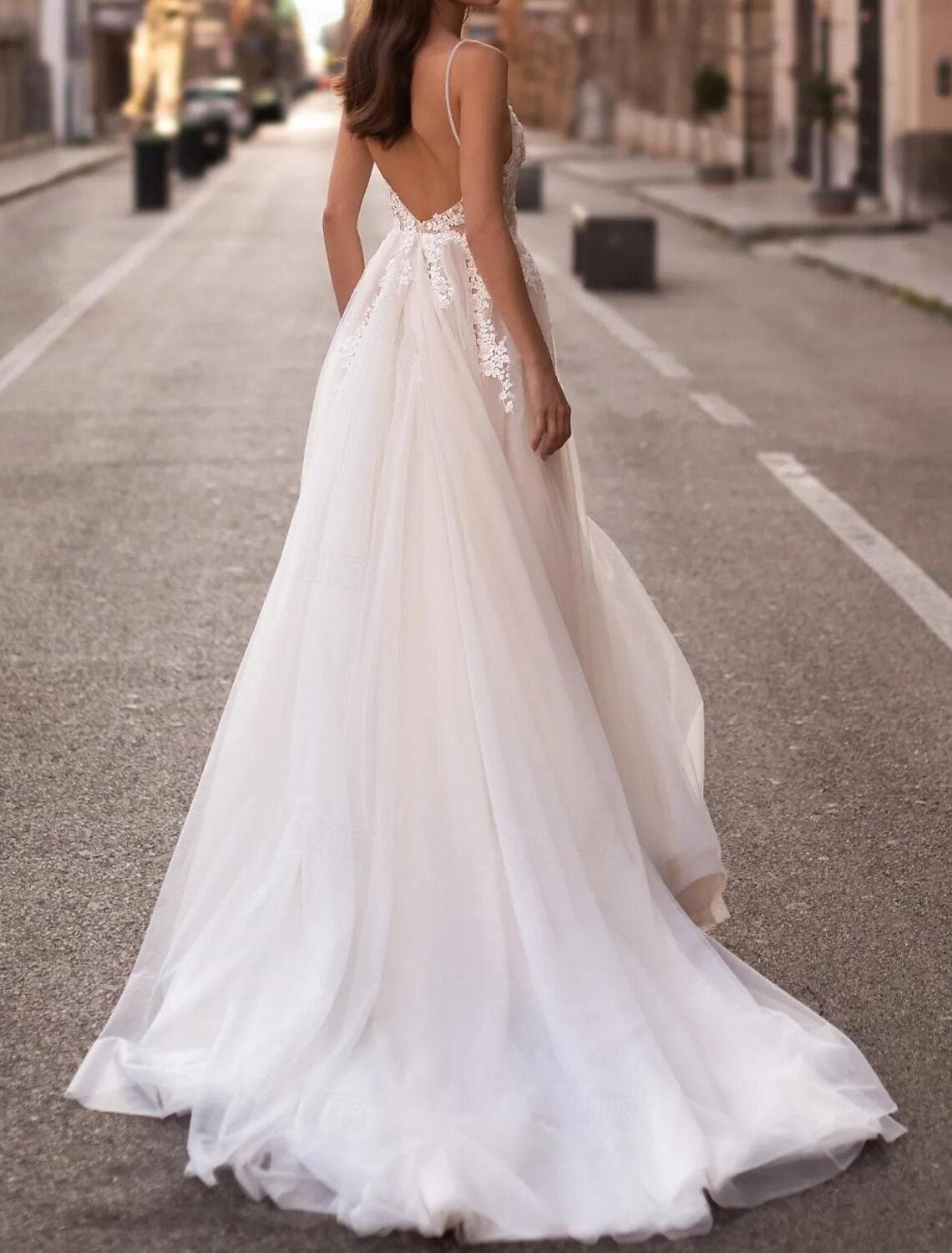 Beach A-Line Camisole V Neck Sleeveless Court Train Tulle Wedding Dresses Bridal Gowns