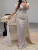 Elegant Dress Formal Prom Floor Length Short Sleeve Off Shoulder Sequined with Glitter Ruched Prom Dresses