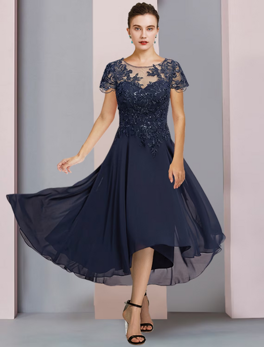 A-Line Mother of the Bride Dress Formal Wedding Guest Elegant Scoop Neck Jewel Neck Tea Length Chiffon Lace Short Sleeve with Pleats Sequin Appliques