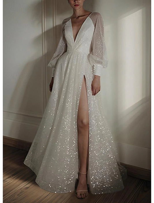 Beach A-Line V Neck Long Sleeve Floor Length Sequined Wedding Dresses Bridal Gowns