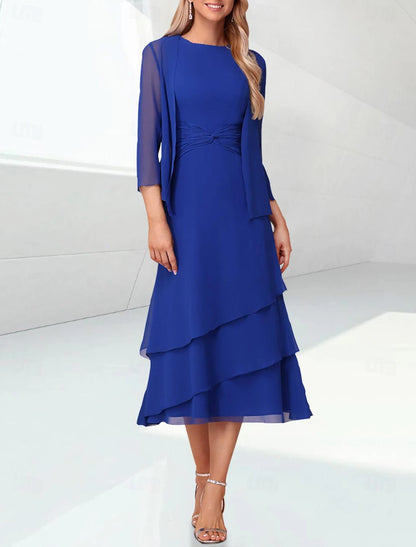 Elegant Wedding Guest Tea Tiered Chiffon 3/4 Length Sleeve Wrap Included with Mother of the Bride Dress