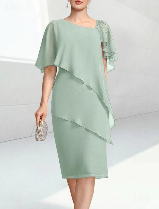 Column Wedding Guest Dress Elegant Jewel Neck Knee Length Chiffon Half Sleeve with Beading Mother of the Bride Dress