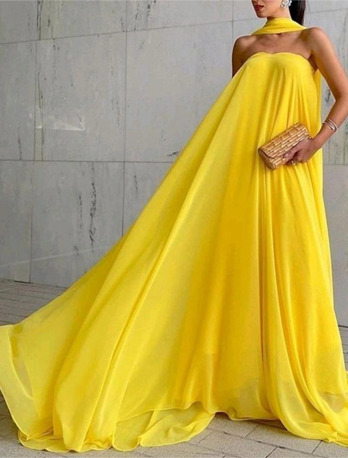 Wedding Guest Dress Fairy Dress Formal Tie Floor Length Sleeveless Strapless Stretch Chiffon with Pleats Shawl Evening Dresses