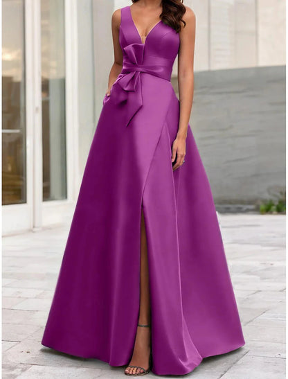 High Split Formal Masquerade Floor Length Sleeveless V Neck Belt / Sash Satin with Bow(s) Slit Evening Dress