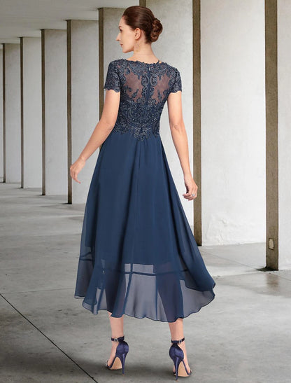 Wedding Guest Dress Elegant High Low V Neck Length Chiffon Lace Short Sleeve with Tier Mother of the Bride Dress