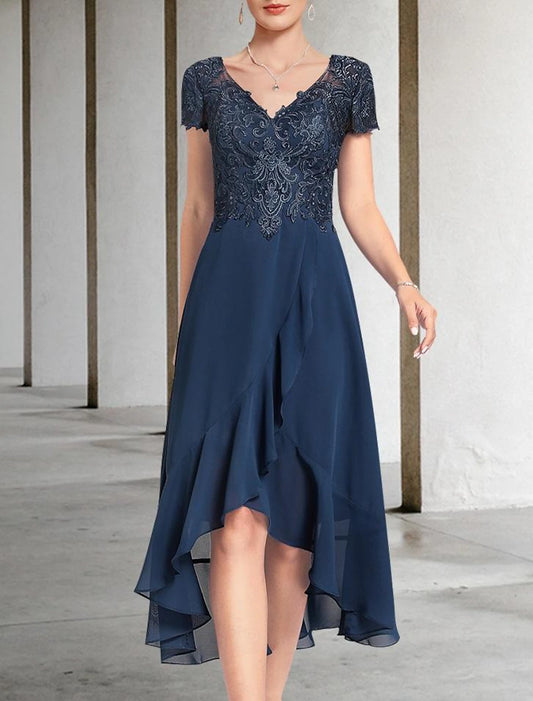 Wedding Guest Dress Elegant High Low V Neck Length Chiffon Lace Short Sleeve with Tier Mother of the Bride Dress