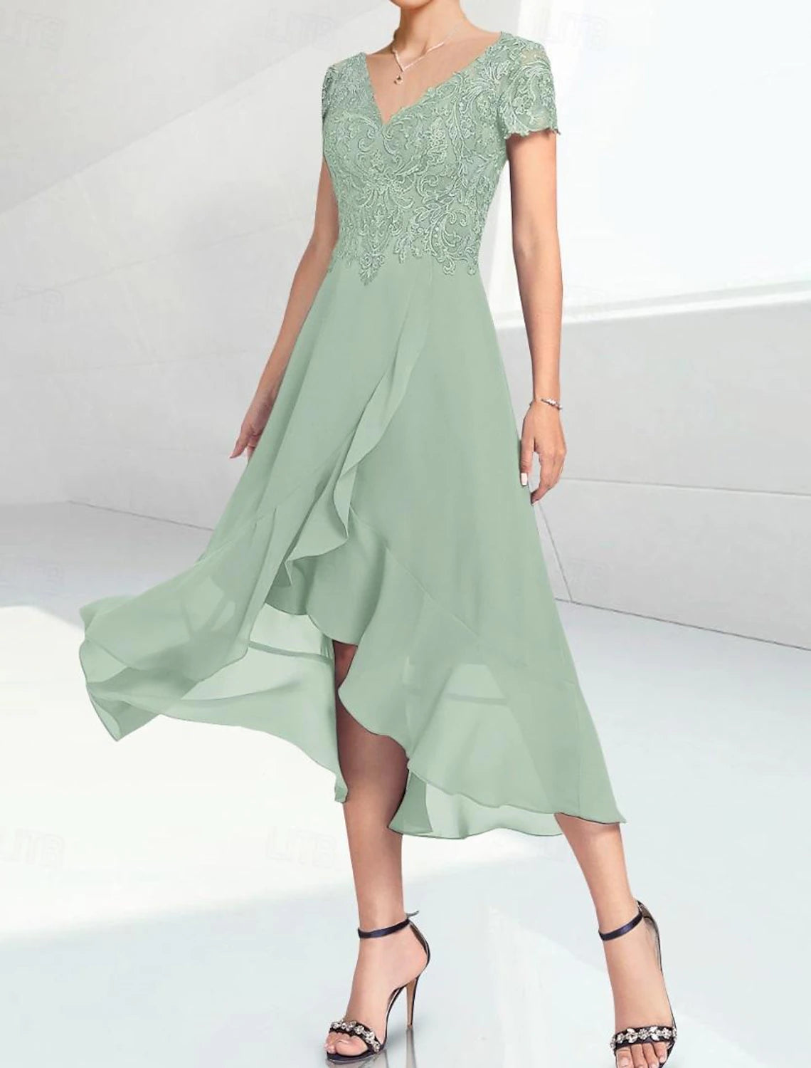 Wedding Guest Dress Elegant High Low V Neck Length Chiffon Lace Short Sleeve with Tier Mother of the Bride Dress