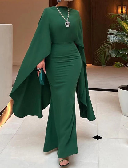 Gown Elegant Formal Floor Length Sleeveless Jewel Neck Capes Chiffon with Ruched Slit Evening Dress