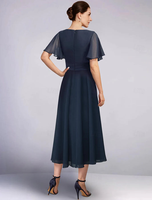 Formal Elegant V Neck Tea Length Chiffon 3/4 Length Sleeve with Solid Color Mother of the Bride Dress