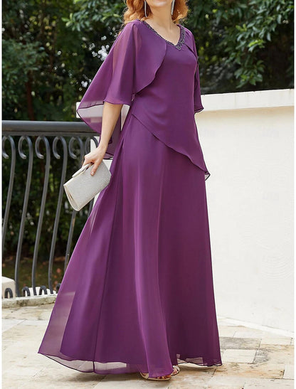 Wedding Guest Elegant V Neck Floor Length Chiffon Half Sleeve with Beading Mother of the Bride Dress