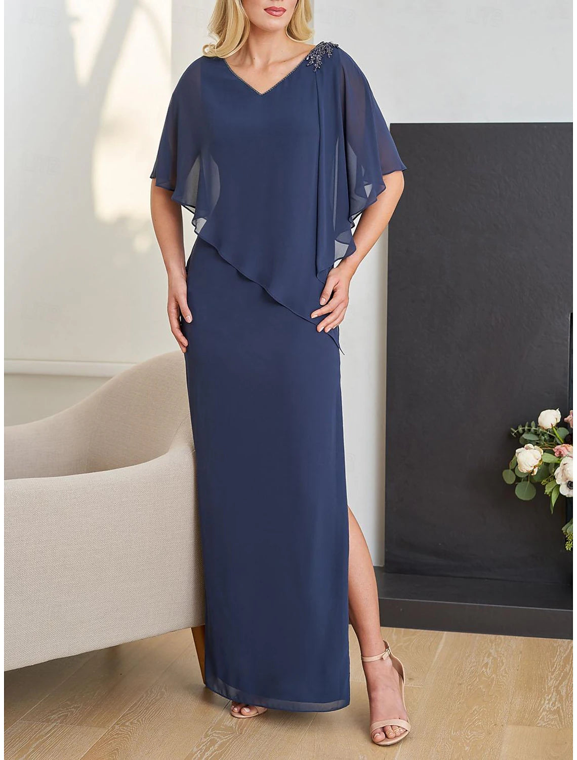 Column Formal Wedding Guest Elegant V Neck Floor Length Chiffon Half Sleeve with Beading Mother of the Bride Dress