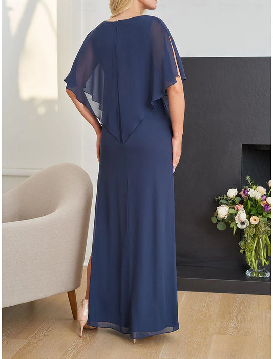 Column Formal Wedding Guest Elegant V Neck Floor Length Chiffon Half Sleeve with Beading Mother of the Bride Dress