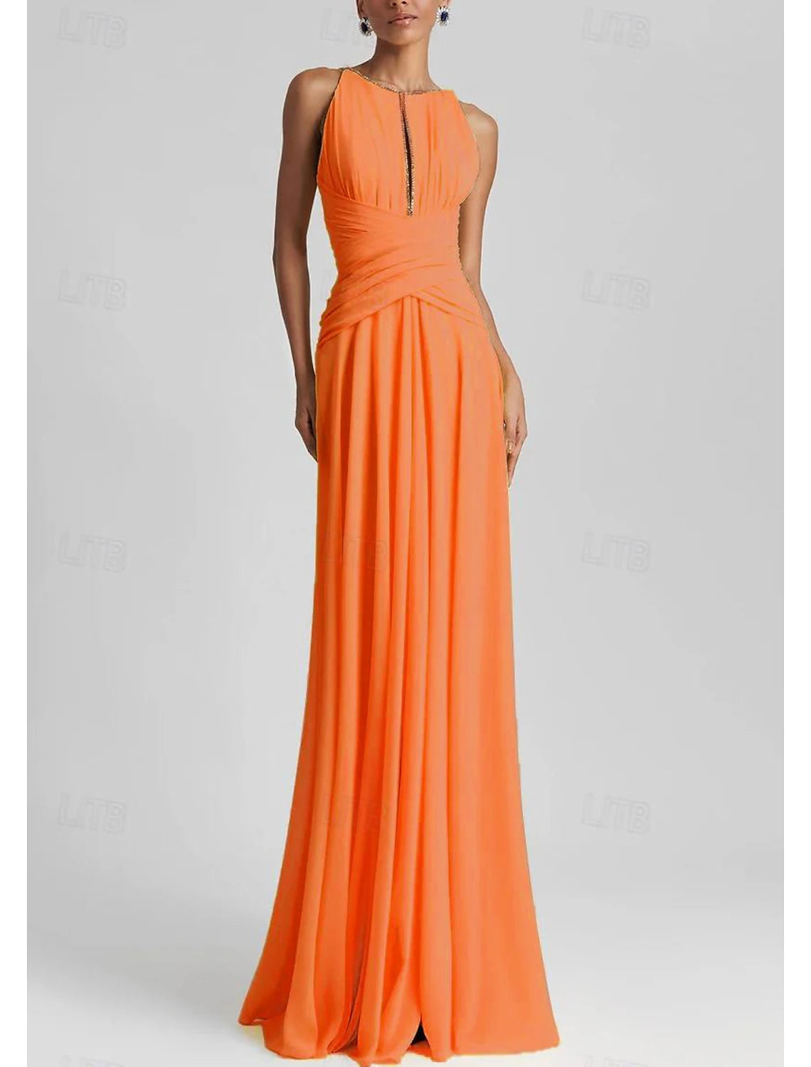 Gown Elegant Formal Wedding Guest Floor Length Sleeveless Jewel Neck Chiffon with Rhinestone Glitter Pleats Evening Dress