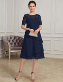 Mother of the Bride Dress Elegant Jewel Neck Length Chiffon Short Sleeve with Lace