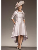 Elegant Jewel Neck Asymmetrical Satin 3/4 Length Sleeve with Draping Mother of the Bride Dress