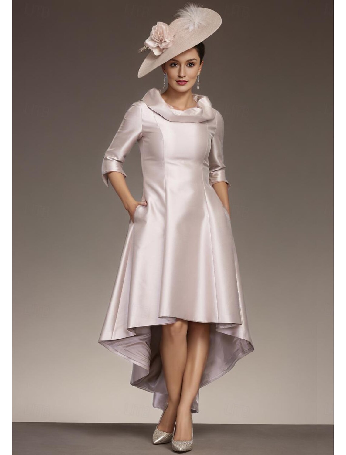 Elegant Jewel Neck Asymmetrical Satin 3/4 Length Sleeve with Draping Mother of the Bride Dress