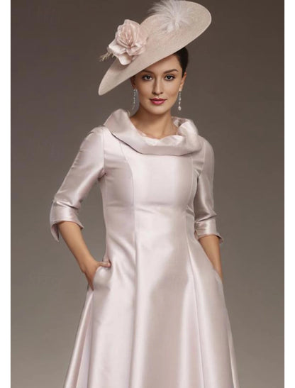 Elegant Jewel Neck Asymmetrical Satin 3/4 Length Sleeve with Draping Mother of the Bride Dress