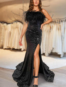 Carnival Formal Floor Length Sleeveless Strapless Sequined with Feather Evening Gown Elegant Dress