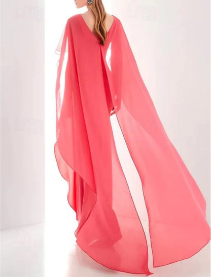 Gown Elegant Formal Fall Ankle Length Long Sleeve V Neck Chiffon with Ruched Ruffles Evening Dress