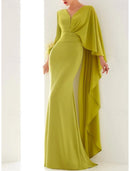 Gown Elegant Formal Fall Floor Length Long Sleeve V Neck Chiffon with Feather Ruched Ruffles Evening Dress