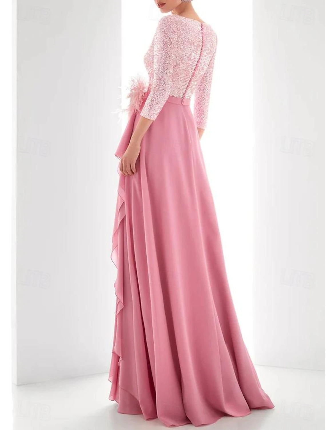 Gown Elegant Formal Asymmetrical Long Sleeve High Neck Chiffon with Feather Pearls Sequin Evening Dress