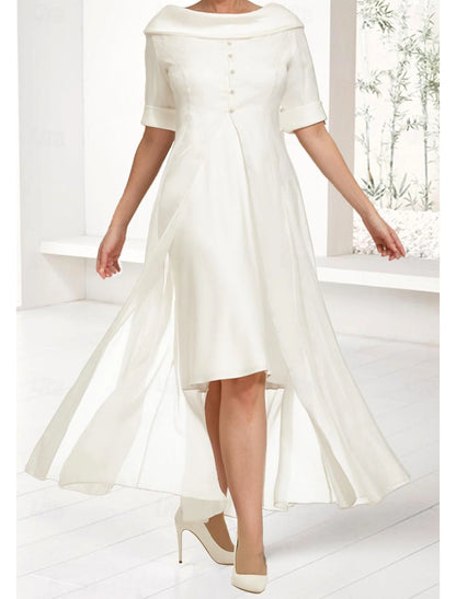 Two Piece Wedding Guest Elegant Off Shoulder Knee Length Chiffon Half Sleeve Wrap Included with Buttons Solid Color Mother of the Bride Dress