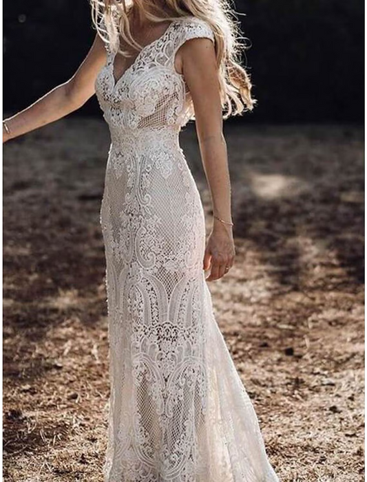 Beach Boho Wedding Dresses Court Train Mermaid / Trumpet Cap Sleeve V Neck Lace With Appliques Solid Color