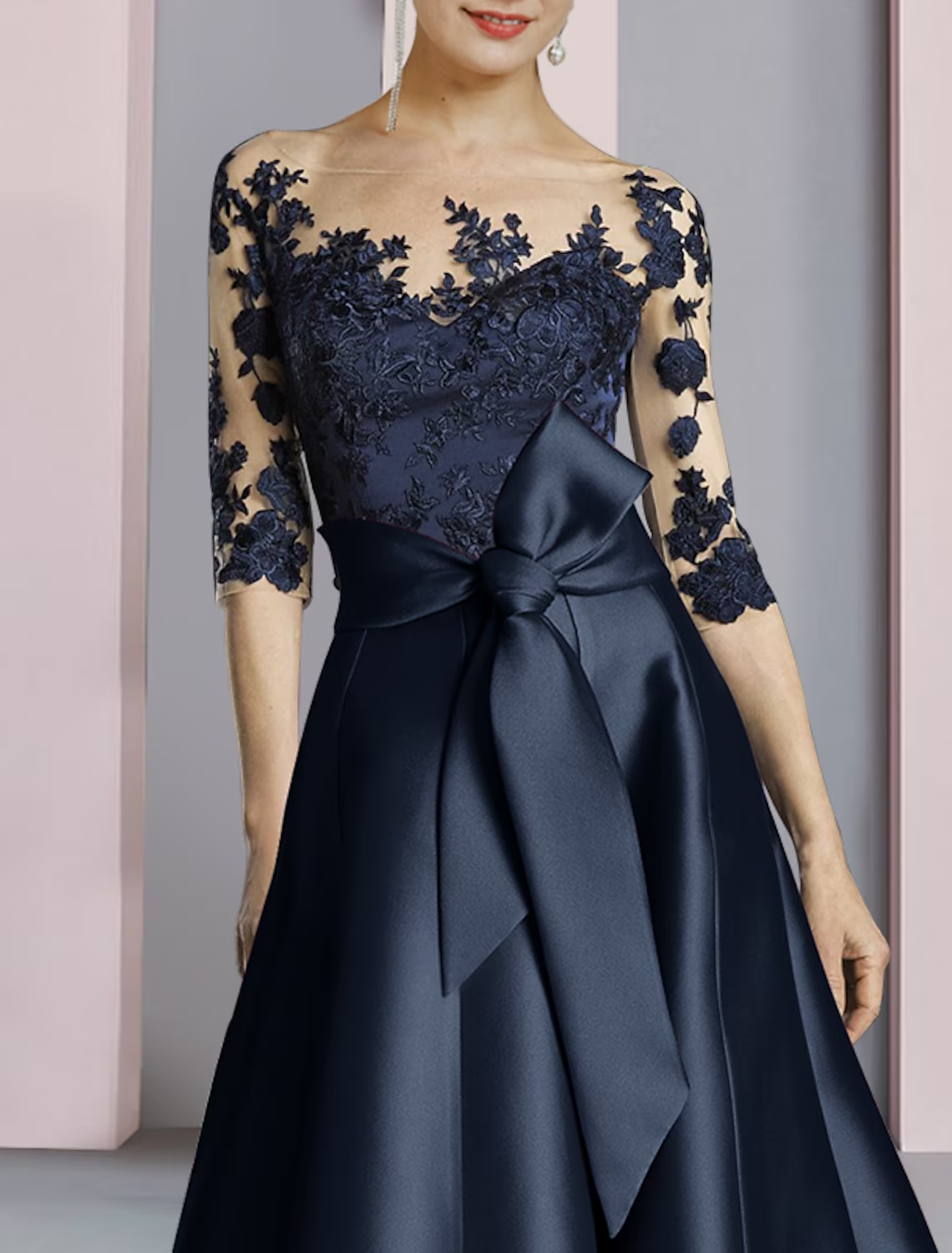 Sheath / Column Mother of the Bride Dress Party Elegant Scoop Neck Ankle Length Satin Lace Half Sleeve with Bow(s) Pleats