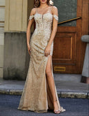 AABEI DRESS Mermaid Off-the-Shoulder Spaghetti Straps High Slit Corset Bodice Sequin Side Fork Gorgeous Elegant Evening Dress