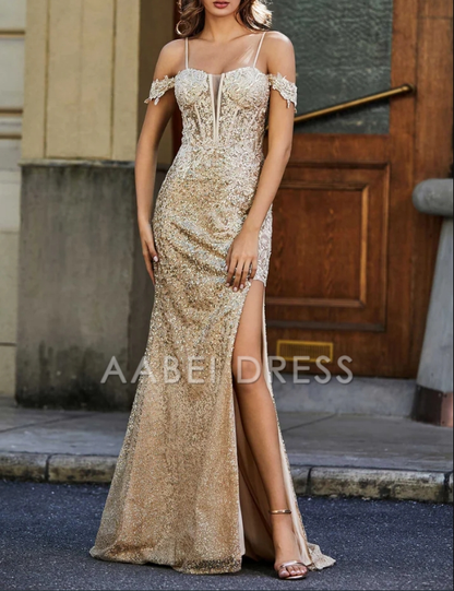 AABEI DRESS Mermaid Off-the-Shoulder Spaghetti Straps High Slit Corset Bodice Sequin Side Fork Gorgeous Elegant Evening Dress