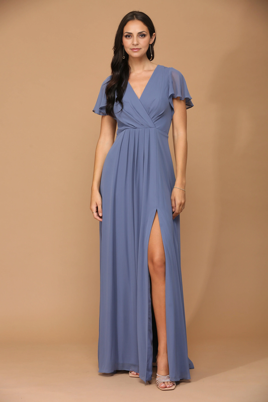 AABEI DRESS Formal Wear Dresse V Neck Short Sleeve Pleated Side Fork Elegant Long Mother Of The Bride Dress