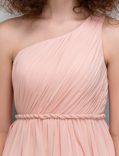 A-Line Bridesmaid Dress One Shoulder Sleeveless All Celebrity Styles Knee Length Chiffon with Side Draping