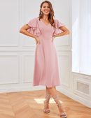 Formal Wear Dresses Bridesmaid Dresses A Line V Neck Short Sleeve Elegant Simple Tea-Length Dresses Wedding Guests Dresses