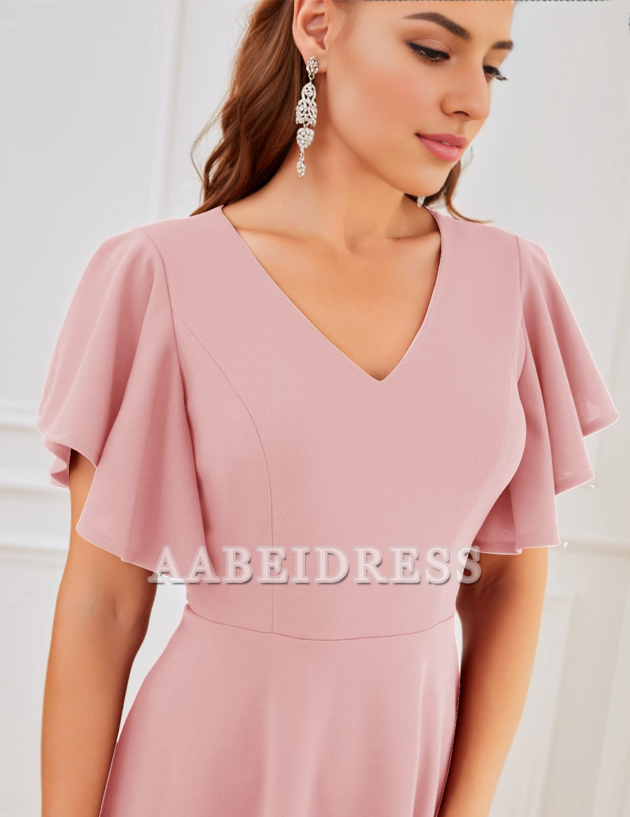 Formal Wear Dresses Bridesmaid Dresses A Line V Neck Short Sleeve Elegant Simple Tea-Length Dresses Wedding Guests Dresses