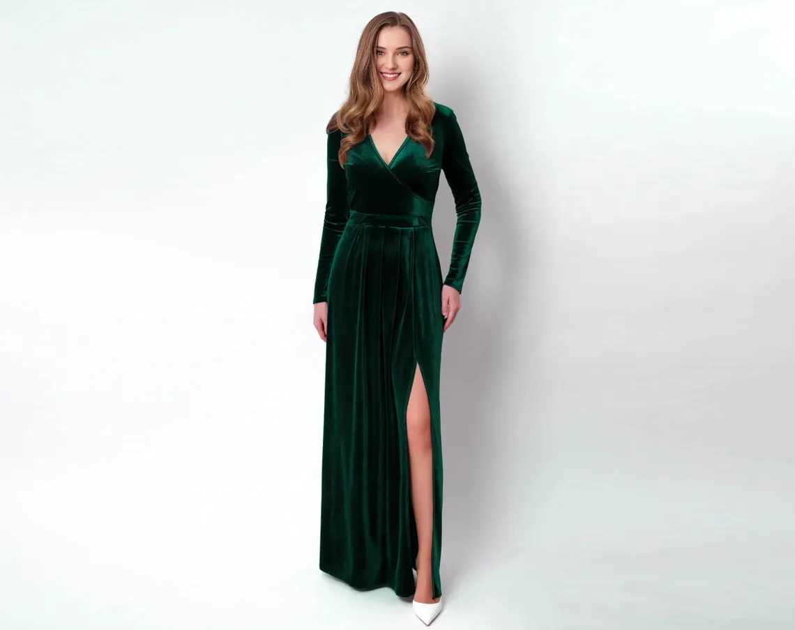 Autumn winter long sleeves wedding party dress deep v neck velvet elegant long dress Split fork bridesmaid dress