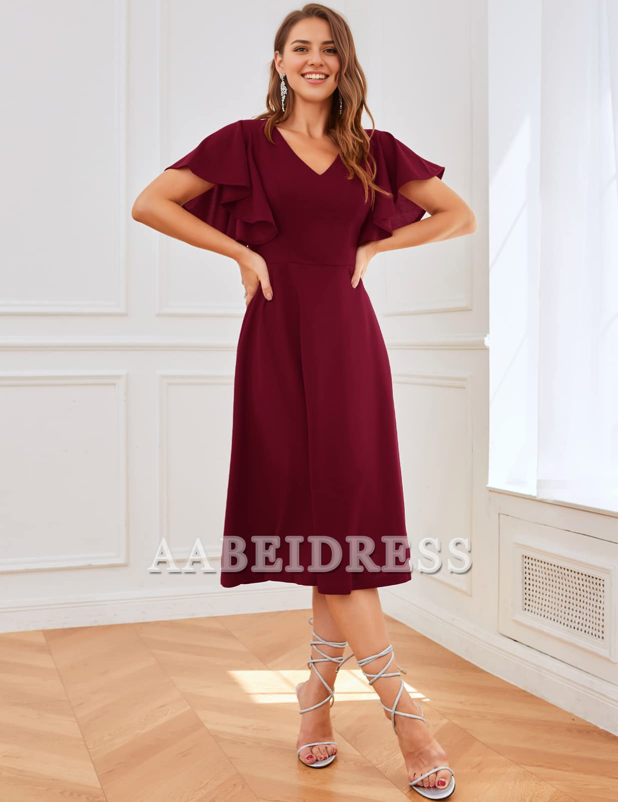 Formal Wear Dresses Bridesmaid Dresses A Line V Neck Short Sleeve Elegant Simple Tea-Length Dresses Wedding Guests Dresses